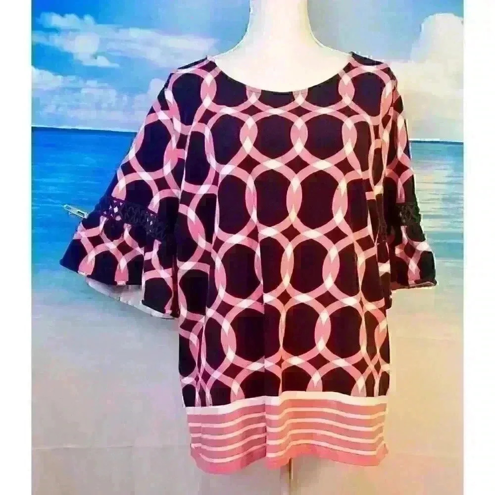 CROWN & IVY Woman's NAVY BLUE and PINK Shirt TUNIC Top RUFFLE Sleeves size 3x